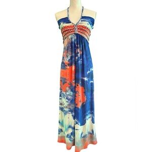 Cynthia Rowley Blue Red and Orange Maxi Dress sz M